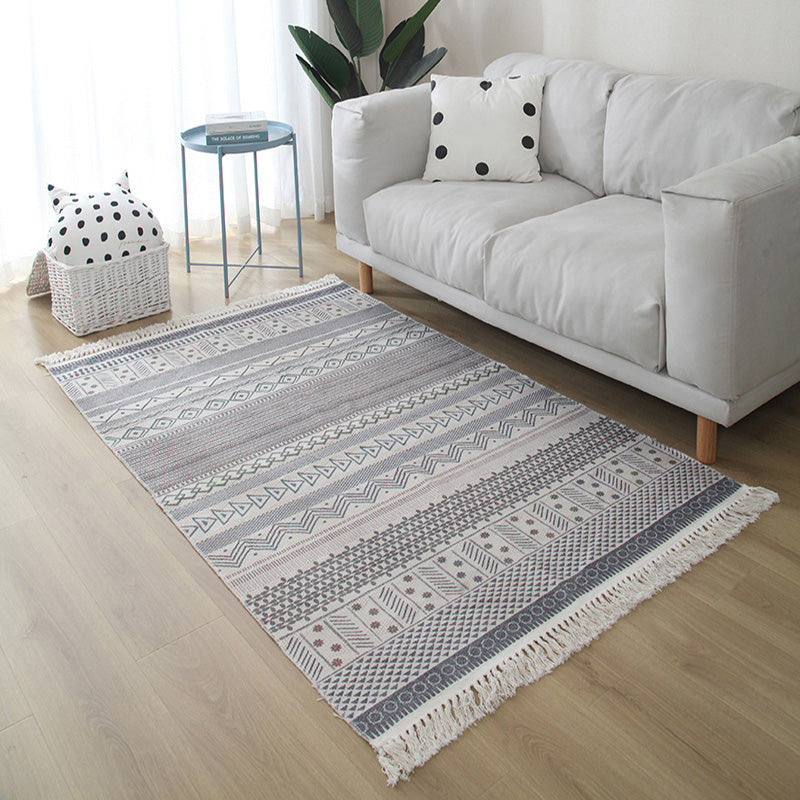 Western Living Room Rug Multicolored Geo Pattern Rug Cotton Blend Washable Handwoven Rug with Fringes