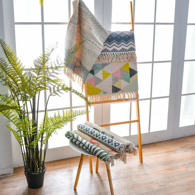 Western Bedroom Carpet Multicolored geometric print rug cotton blend machine washable easy care with fringes