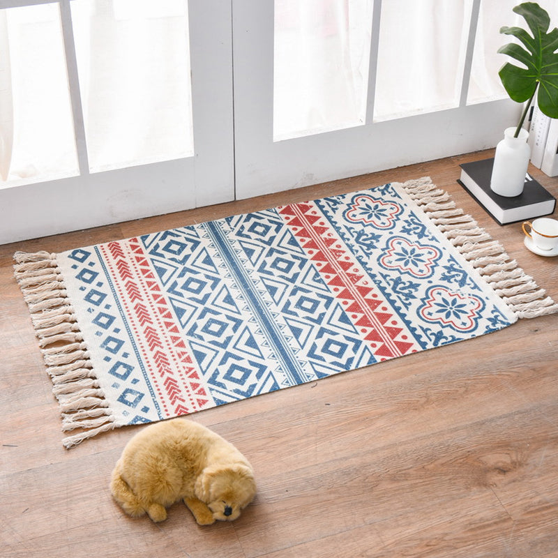 Western Bedroom Carpet Multicolored geometric print rug cotton blend machine washable easy care with fringes
