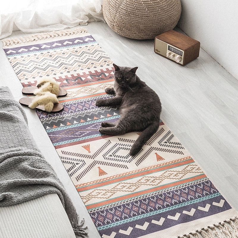 Moroccan Geometric Print Rug Multicolored Cotton Blend Rug Machine Washable Pet-Friendly Rug with Fringe for the Room