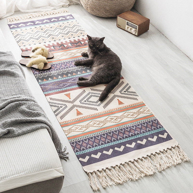 Moroccan Geometric Print Rug Multicolored Cotton Blend Rug Machine Washable Pet-Friendly Rug with Fringe for the Room