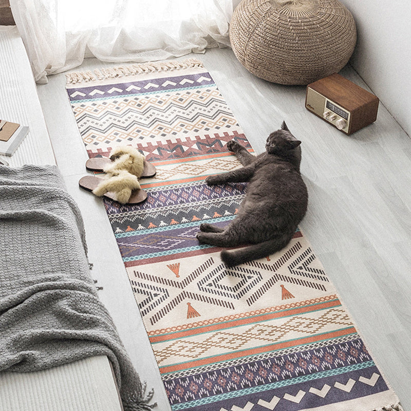 Moroccan Geometric Print Rug Multicolored Cotton Blend Rug Machine Washable Pet-Friendly Rug with Fringe for the Room