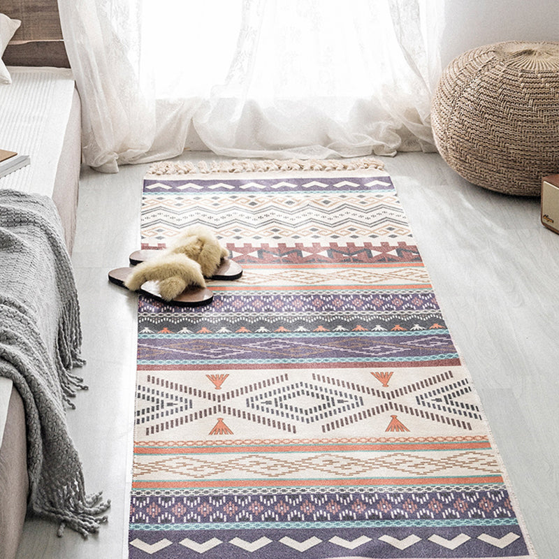 Moroccan Geometric Print Rug Multicolored Cotton Blend Rug Machine Washable Pet-Friendly Rug with Fringe for the Room