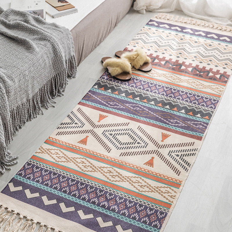 Moroccan Geometric Print Rug Multicolored Cotton Blend Rug Machine Washable Pet-Friendly Rug with Fringe for the Room