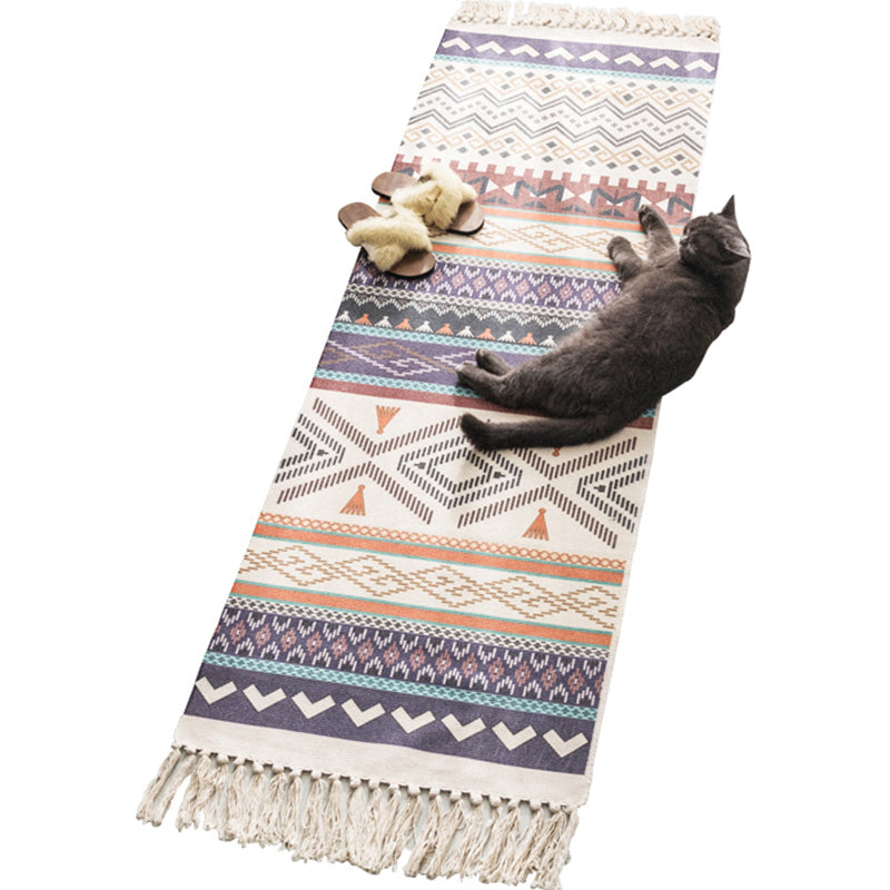 Moroccan Geometric Print Rug Multicolored Cotton Blend Rug Machine Washable Pet-Friendly Rug with Fringe for the Room