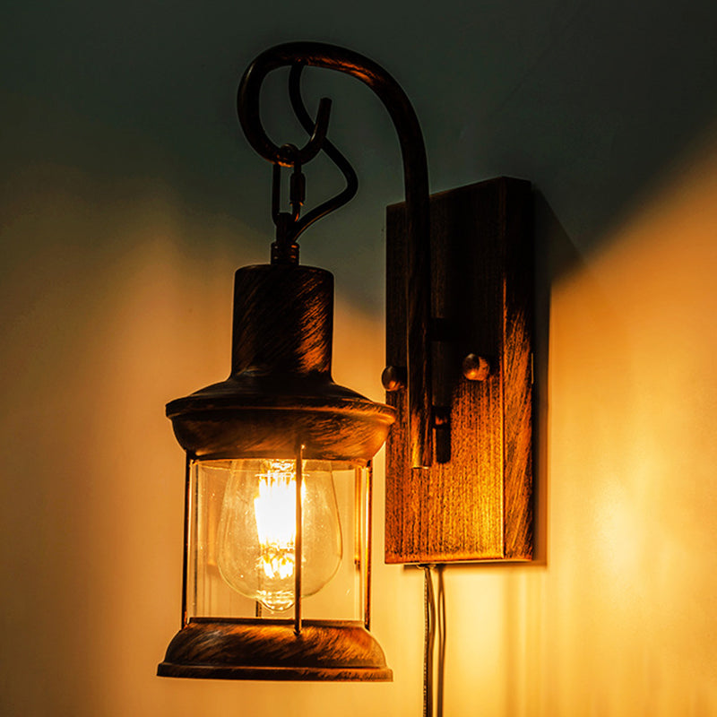 Iron Lantern Wall Light Retro Style Single Bulb Restaurant Wall Lighting Fixture in Bronze