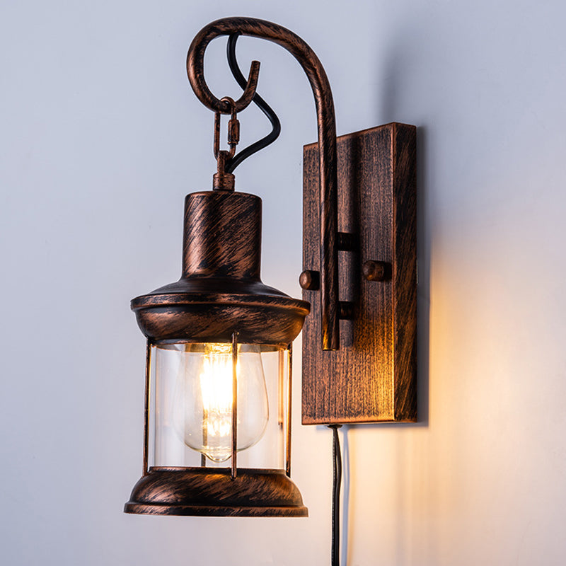 Iron Lantern Wall Light Retro Style Single Bulb Restaurant Wall Lighting Fixture in Bronze