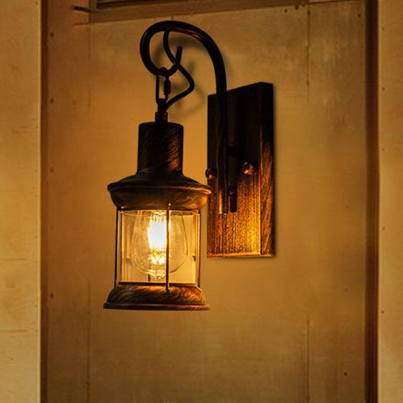 Iron Lantern Wall Light Retro Style Single Bulb Restaurant Wall Lighting Fixture in Bronze