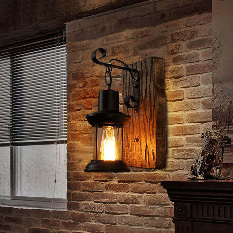 Industrial Lantern Wall Mount Light 1-Light Iron Wall Light with Clear Glass Shade for Restaurant