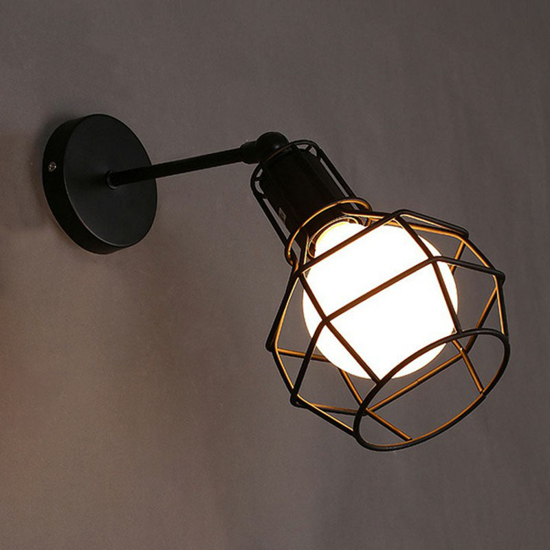 Iron Cage Wall Light Retro Style 1 Head Living Room Wall Lighting Lamp in Black