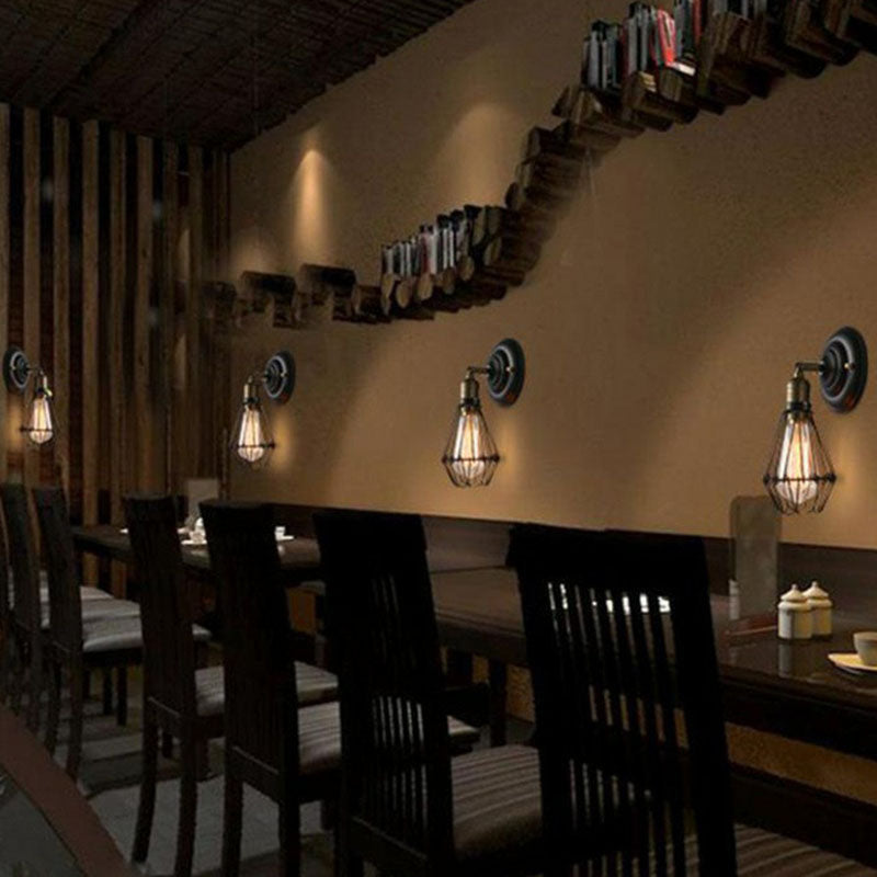 One-bulb wall-mounted light industrial pear cage iron wall light fixture in black