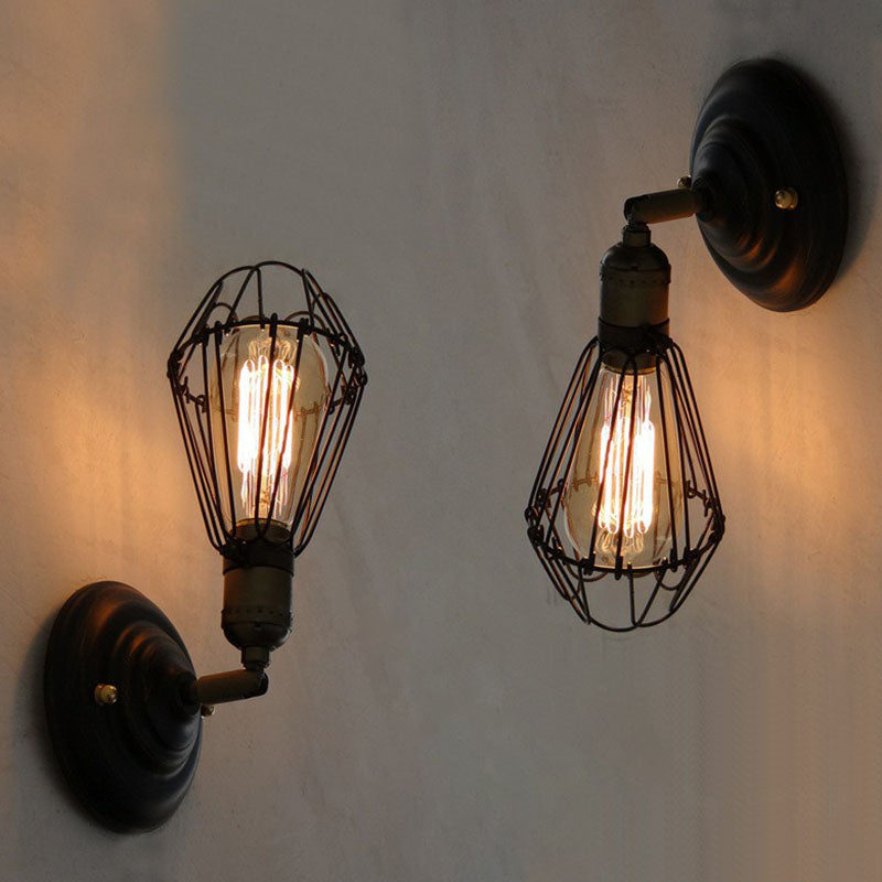 One-bulb wall-mounted light industrial pear cage iron wall light fixture in black
