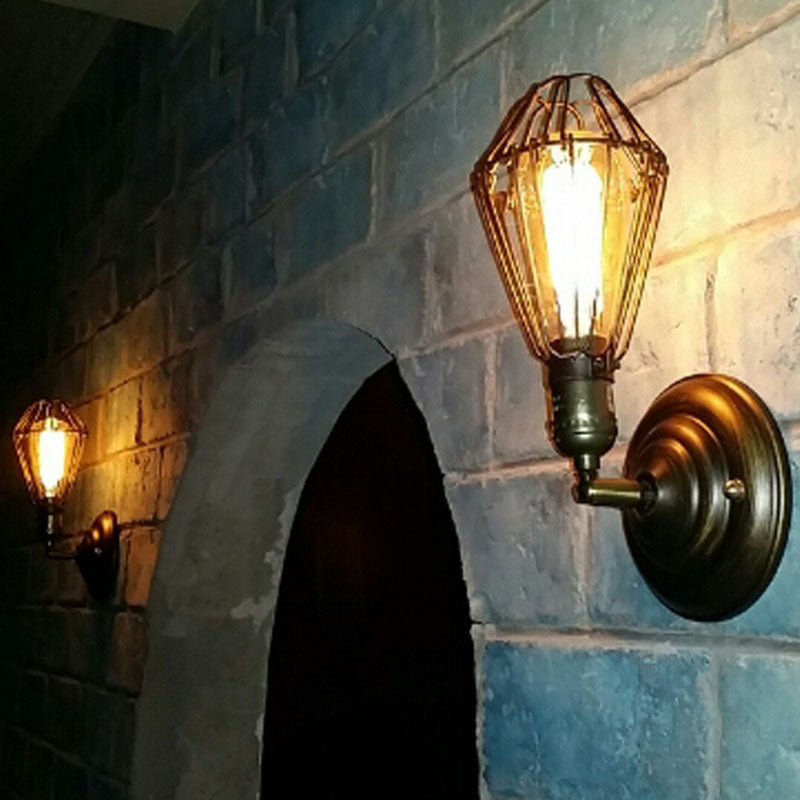 One-bulb wall-mounted light industrial pear cage iron wall light fixture in black