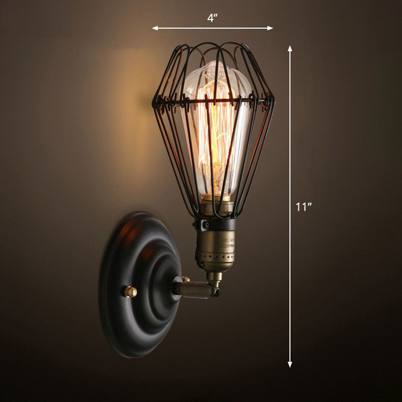 One-bulb wall-mounted light industrial pear cage iron wall light fixture in black