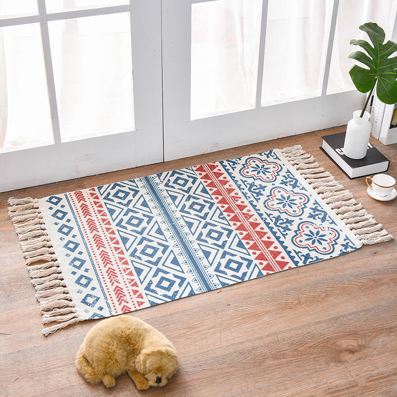 Southwestern Bedroom Rug Multicolor Geometric Print Rug Polypropylene Machine Washable Rug with Fringes