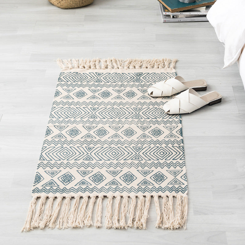 Southwestern Bedroom Rug Multicolor Geometric Print Rug Polypropylene Machine Washable Rug with Fringes