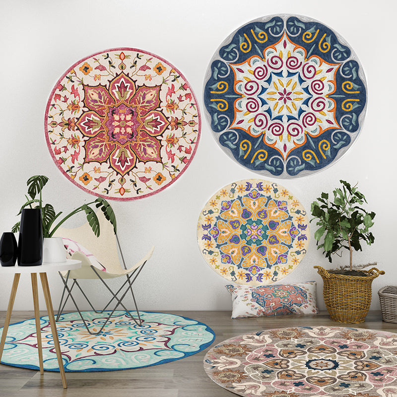 Ethnic Living Room Rug Multicolored Tribal Pattern Rug Synthetic Non-Slip Back Easy Care Indoor Rug