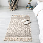 Ethnic geometric pattern rug Multi-color cotton blend area rug machine washable handwoven rug with fringes for room