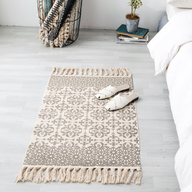 Ethnic geometric pattern rug Multi-color cotton blend area rug machine washable handwoven rug with fringes for room