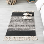 Ethnic geometric pattern rug Multi-color cotton blend area rug machine washable handwoven rug with fringes for room