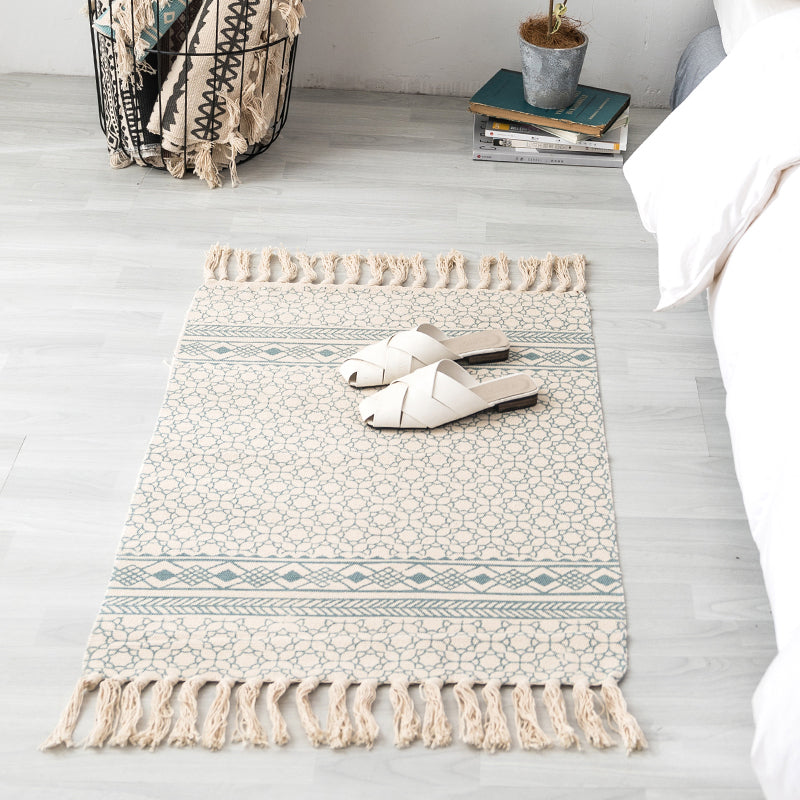 Ethnic geometric pattern rug Multi-color cotton blend area rug machine washable handwoven rug with fringes for room