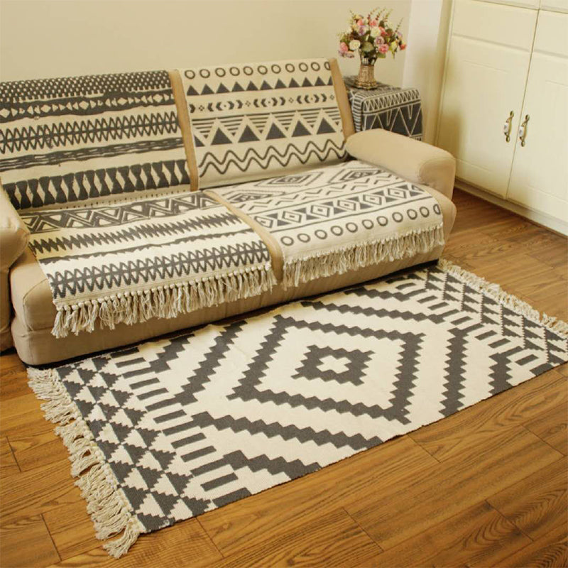 Casual Multicolored Western Rug Cotton Blend Geometric Light Rug Machine Washable Woven Rug with Fringes for Living Room