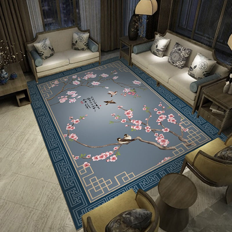 Multicolored living room rug Chinoiserie flower rug polypropylene machine washable stain resistant non-slip back rug