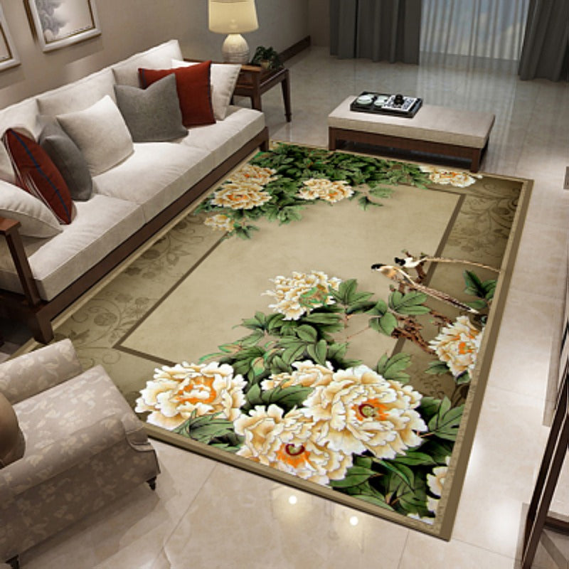 Multicolored living room rug Chinoiserie flower rug polypropylene machine washable stain resistant non-slip back rug