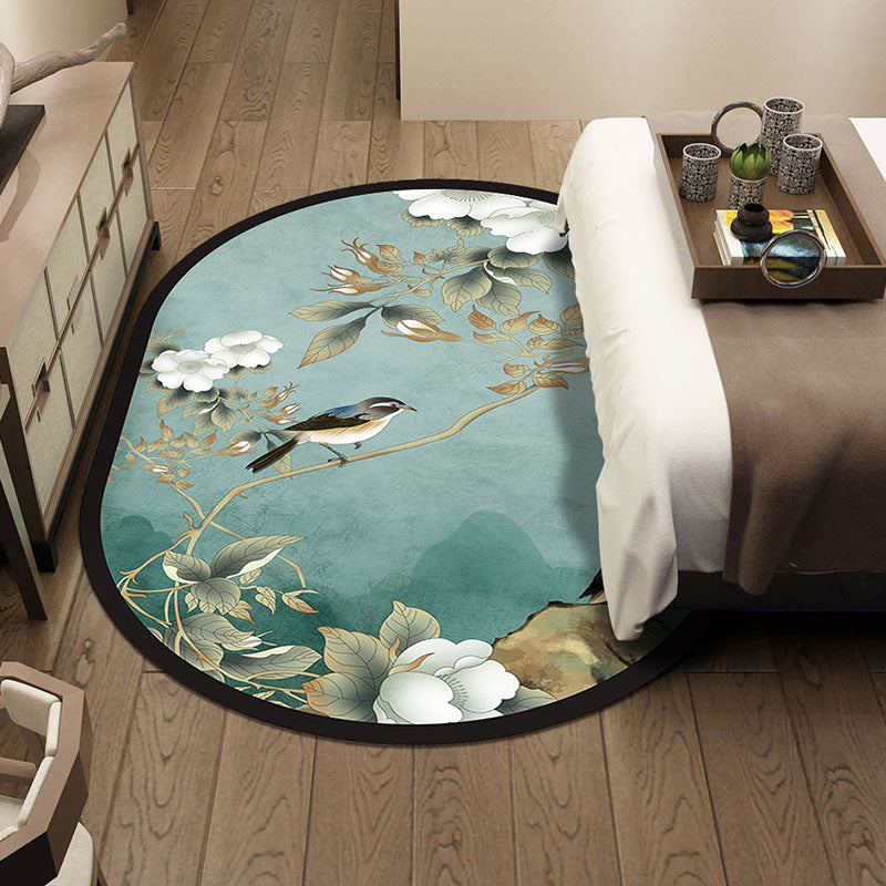 Multi-Color Chinoiserie Area Rug Synthetic Flower and Bird Print Rug Non-Slip Back Pet-Friendly Rug for Bedroom