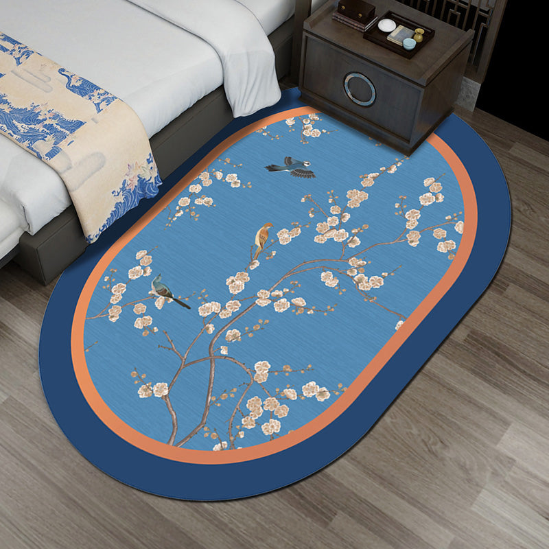 Multi-Color Chinoiserie Area Rug Synthetic Flower and Bird Print Rug Non-Slip Back Pet-Friendly Rug for Bedroom