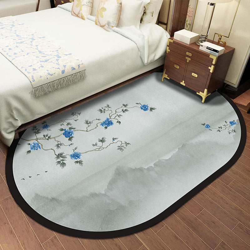 Multi-Color Chinoiserie Area Rug Synthetic Flower and Bird Print Rug Non-Slip Back Pet-Friendly Rug for Bedroom