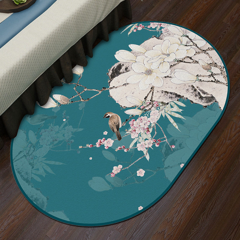 Multi-Color Chinoiserie Area Rug Synthetic Flower and Bird Print Rug Non-Slip Back Pet-Friendly Rug for Bedroom