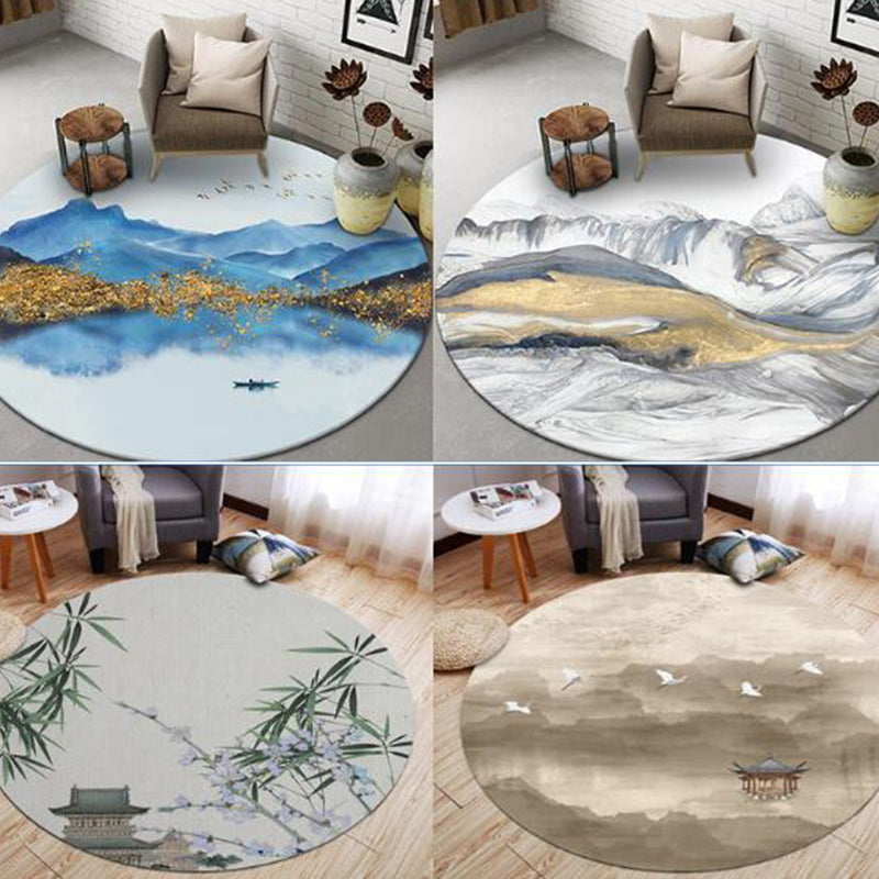 Chinese Landscape Print Rug Multicolor Polypropylene Rug Anti-Skid Back Stain Resistant Pet Friendly Rug for the Living Room