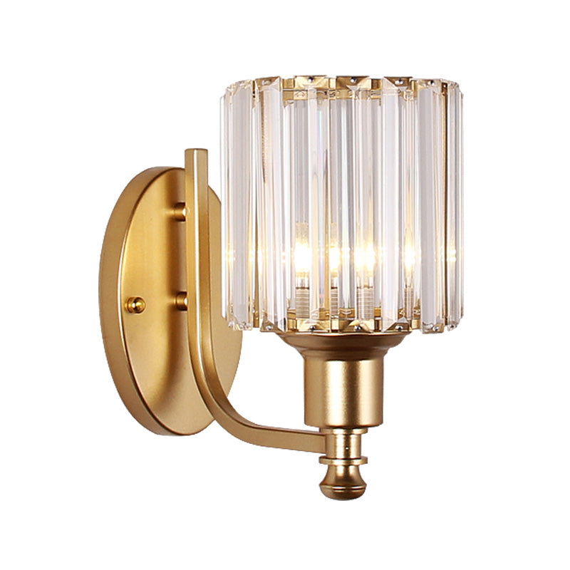 Modernist Cylinder Wall Light Clear Crystal 1 Head Bedroom Wall Mounted Light with Curved Arm in Black/Gold