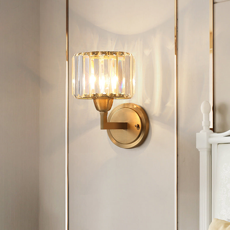 Simple 1 Light Wall Mounted Lighting Brass Drum Wall Lamp with Crystal Shade