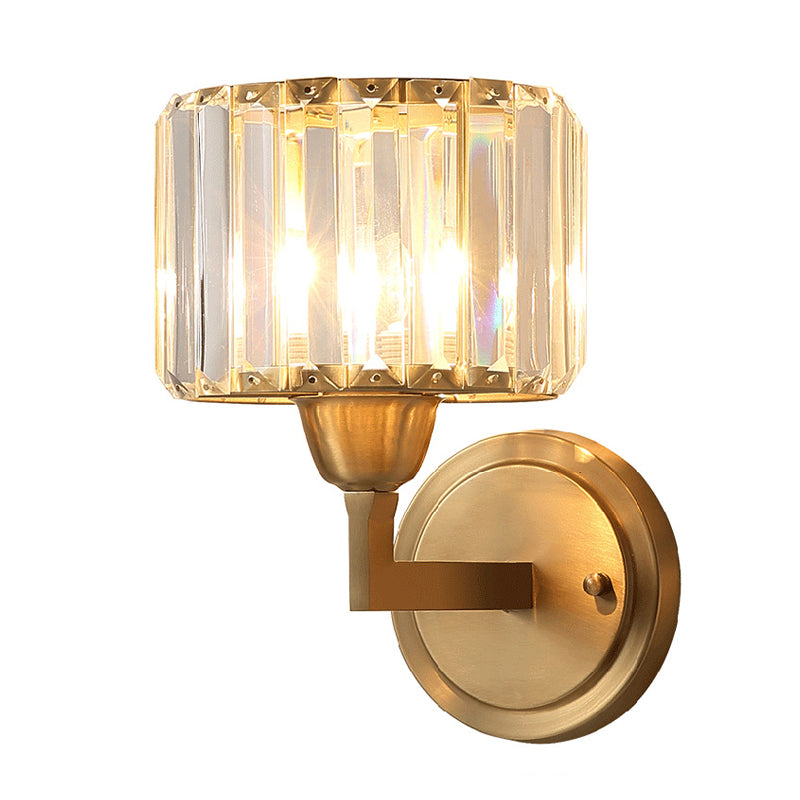 Simple 1 Light Wall Mounted Lighting Brass Drum Wall Lamp with Crystal Shade