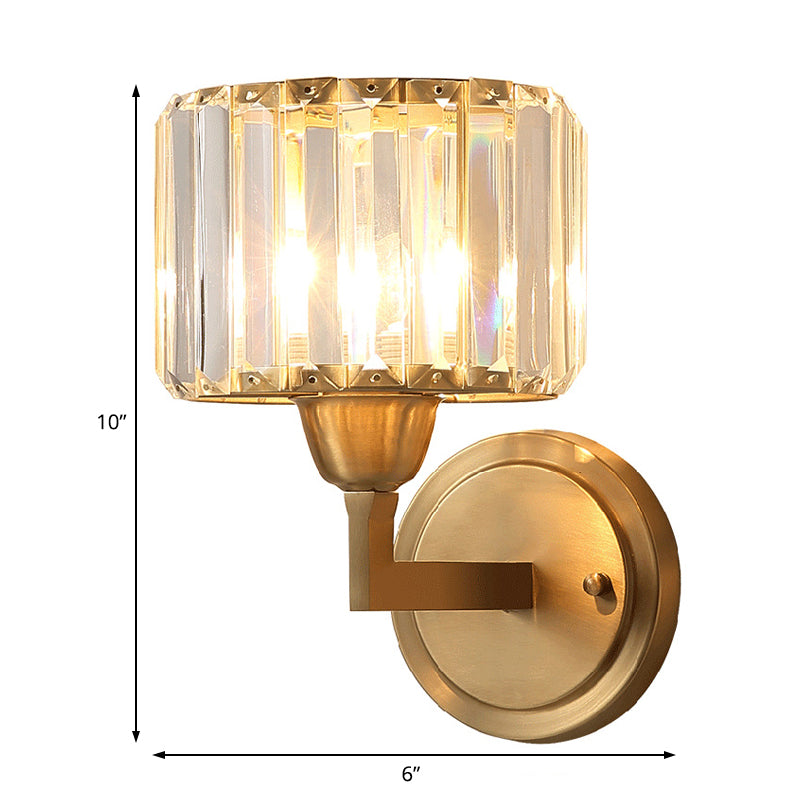 Simple 1 Light Wall Mounted Lighting Brass Drum Wall Lamp with Crystal Shade