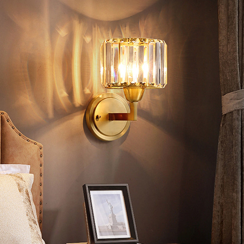 Simple 1 Light Wall Mounted Lighting Brass Drum Wall Lamp with Crystal Shade