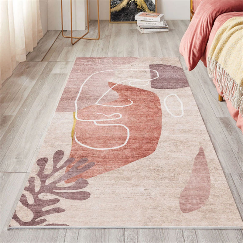 Nordic Bedroom Carpet Multicolored Botanical Color Block Print Carpet Polyester Washable Non-slip Pet-friendly Carpet