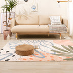Nordic Palm Leaf Drawing Rug White Polypropylene Rug Pet Friendly Stain Resistant Non-Slip Back Rug for Girls Room