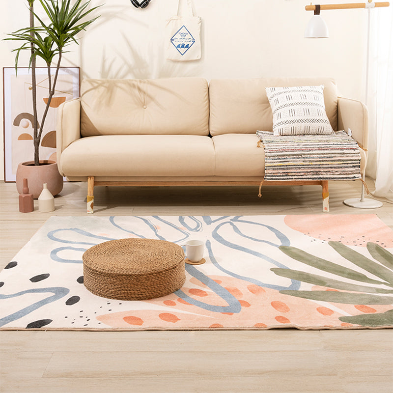 Nordic Palm Leaf Drawing Rug White Polypropylene Rug Pet Friendly Stain Resistant Non-Slip Back Rug for Girls Room