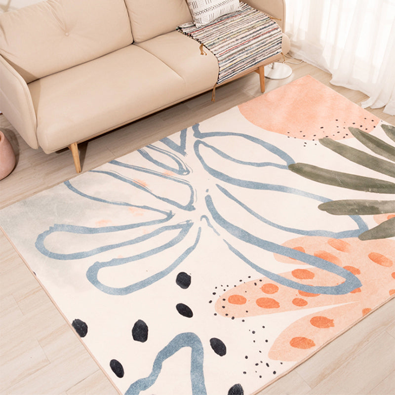 Nordic Palm Leaf Drawing Rug White Polypropylene Rug Pet Friendly Stain Resistant Non-Slip Back Rug for Girls Room