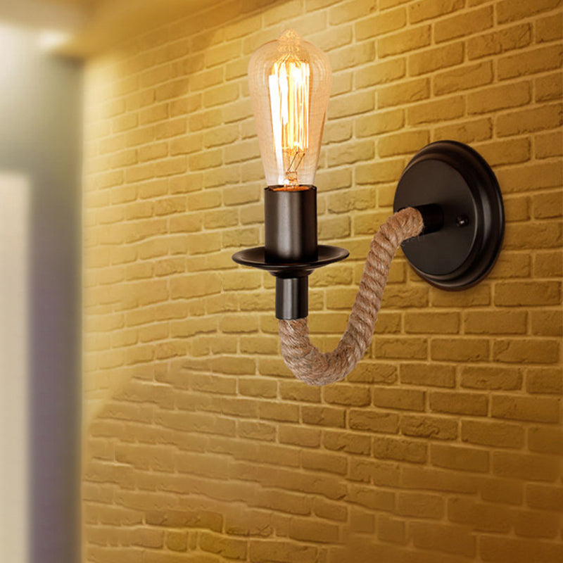 Single Curved Arm Wall Lamp Rustic Brown Rope Wall Light Lighting with Exposed Bulb Design