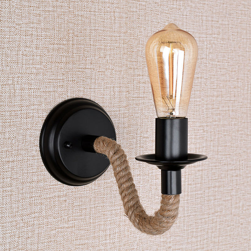 Single Curved Arm Wall Lamp Rustic Brown Rope Wall Light Lighting with Exposed Bulb Design