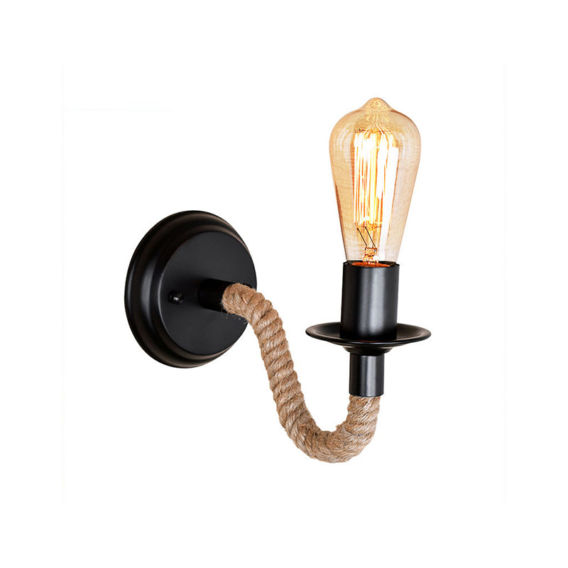 Single Curved Arm Wall Lamp Rustic Brown Rope Wall Light Lighting with Exposed Bulb Design