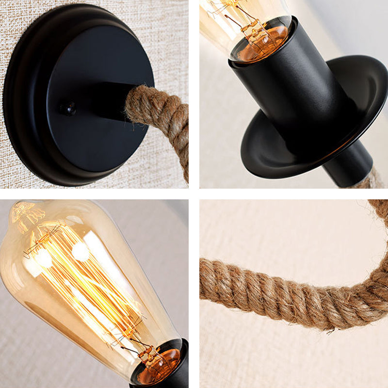 Single Curved Arm Wall Lamp Rustic Brown Rope Wall Light Lighting with Exposed Bulb Design