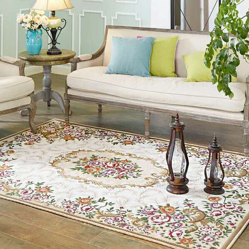 Multicolored Living Room Carpet Nostalgia Floral Pattern Area Rug Synthetic Non-Slip Back Stain Resistant Carpet