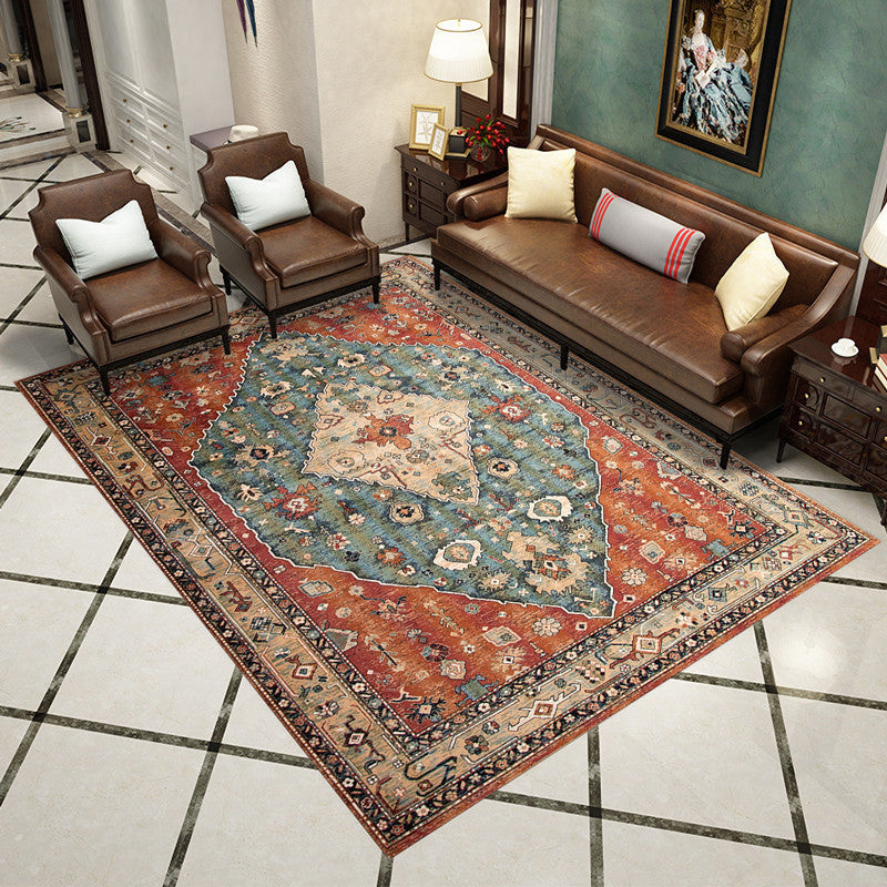 Western Living Room Rug Multi-Color Geo Print Area Rug Synthetic Non-Slip Back Pet-Friendly Rug
