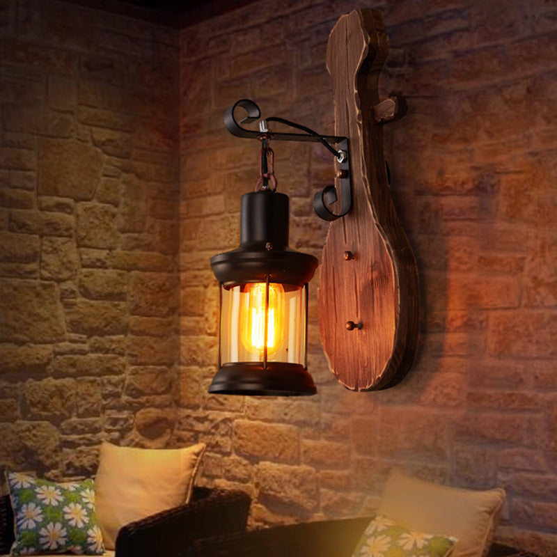 Nautical Novelty Guitar Wall Light Fixture 1-Light Wooden Sconce with Lantern Lampshade