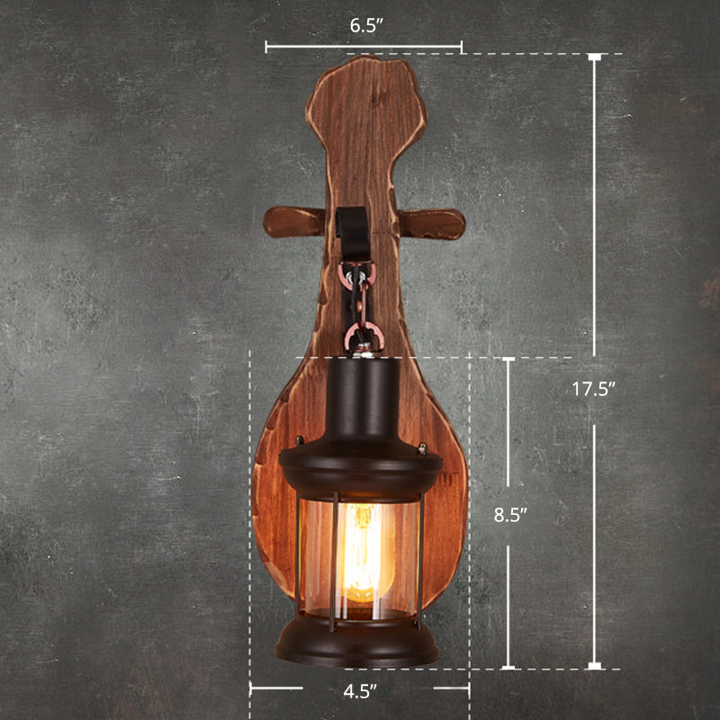 Nautical Novelty Guitar Wall Light Fixture 1-Light Wooden Sconce with Lantern Lampshade